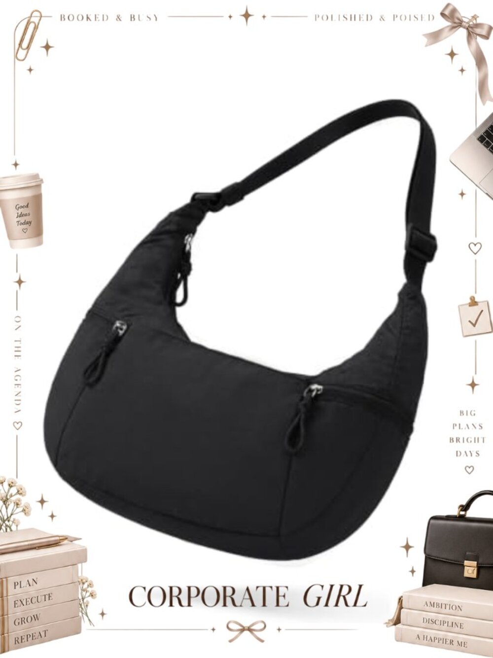 Large Nylon Slouchy Hobo Crossbody Bag Crescent Purse